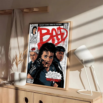 A framed comic-style poster of michael jackson in black with red graffiti lettering on waterproof self-adhesive paper