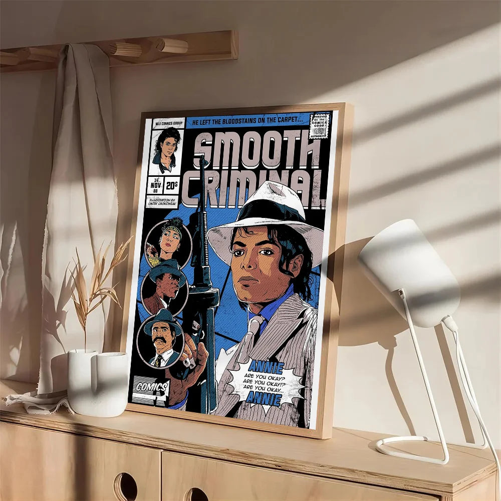 A framed comic book poster of michael jackson in a white fedora and pinstripe suit titled smooth criminal on waterproof paper