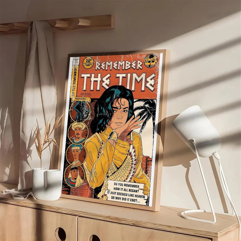 A framed 1PC michael jackson yellow outfit poster with comic text on waterproof self-adhesive wall decor paper