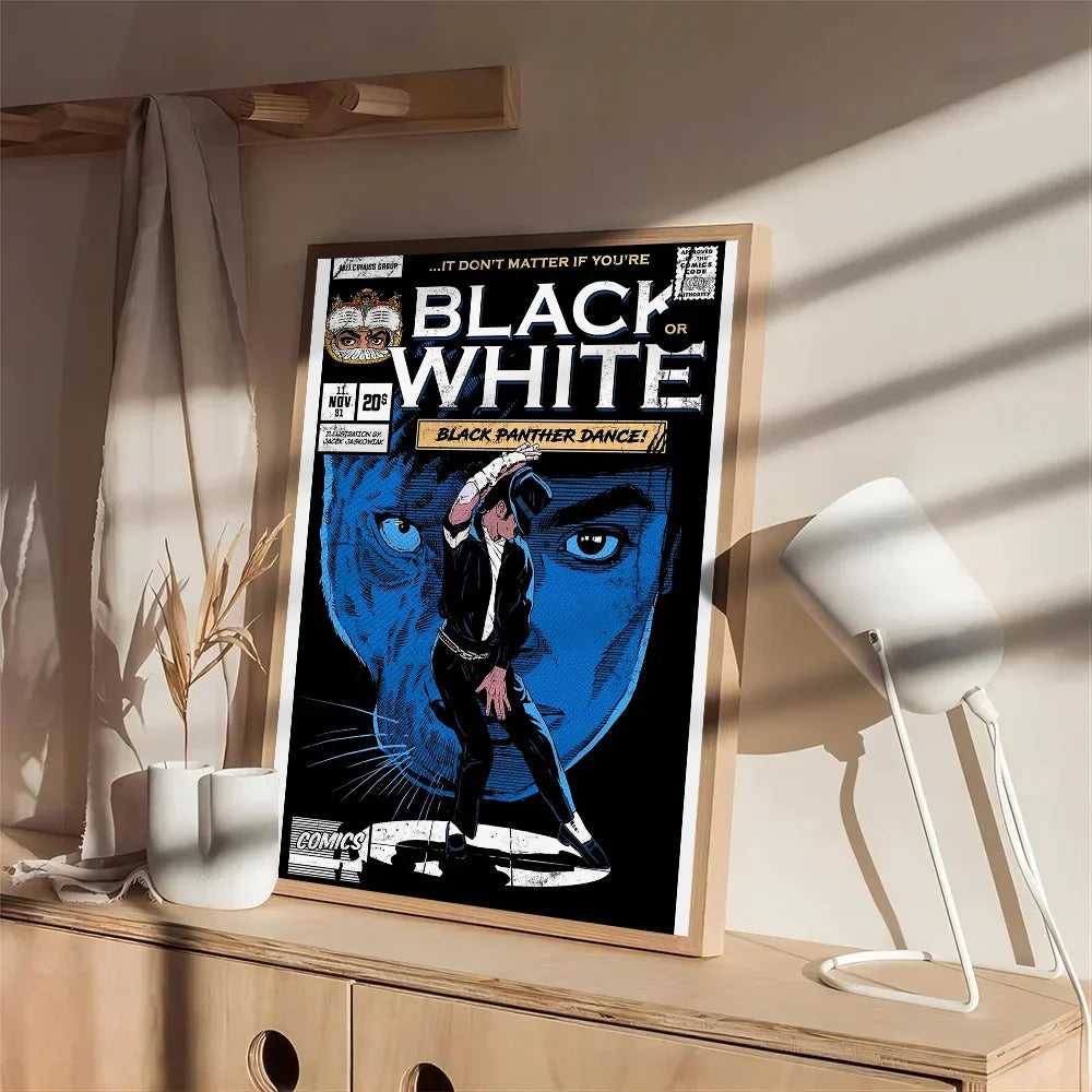 Black and white framed comic book cover art sticker featuring a blue black panther face titled black or white black panther dance