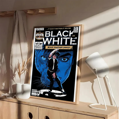 Black and white framed comic book cover art sticker featuring a blue black panther face titled black or white black panther dance