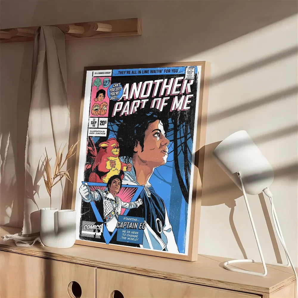 A framed comic book poster of michael jackson as captain ed with bold blue and white vintage-style artwork on waterproof paper