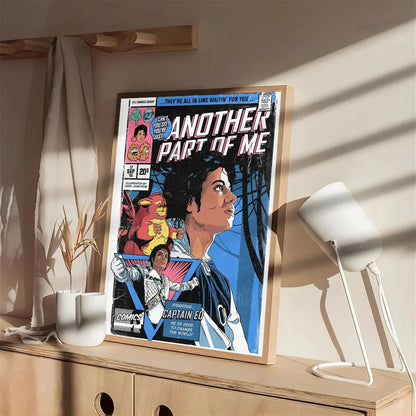 A framed comic book poster of michael jackson as captain ed with bold blue and white vintage-style artwork on waterproof paper
