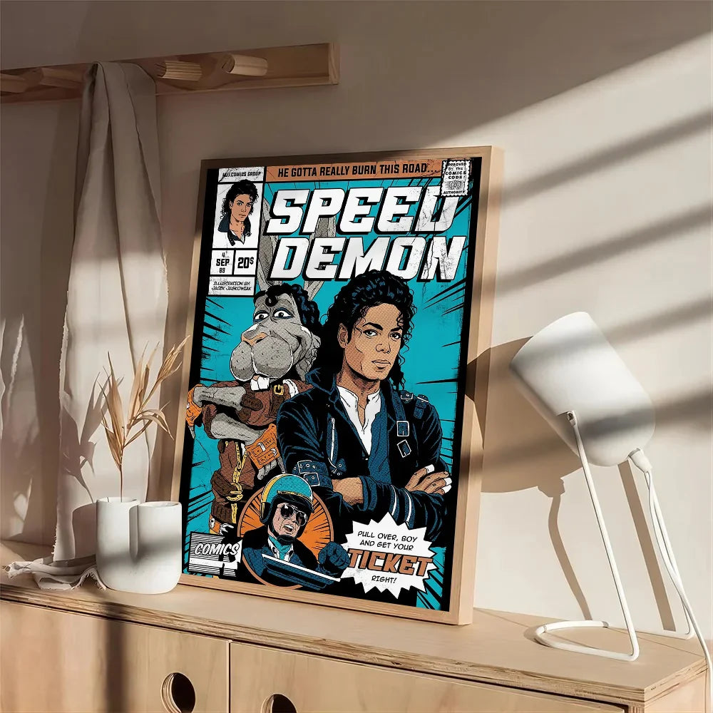 A framed comic book style poster of michael jackson as the speed demon in bold blue and black artwork on waterproof sticker paper