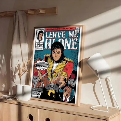 A framed comic book style poster of Michael Jackson in gold jacket and red vest with bold white lettering on teal background