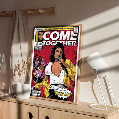 A vibrant comic-style self-adhesive michael jackson poster in yellow jacket with red background for wall decor