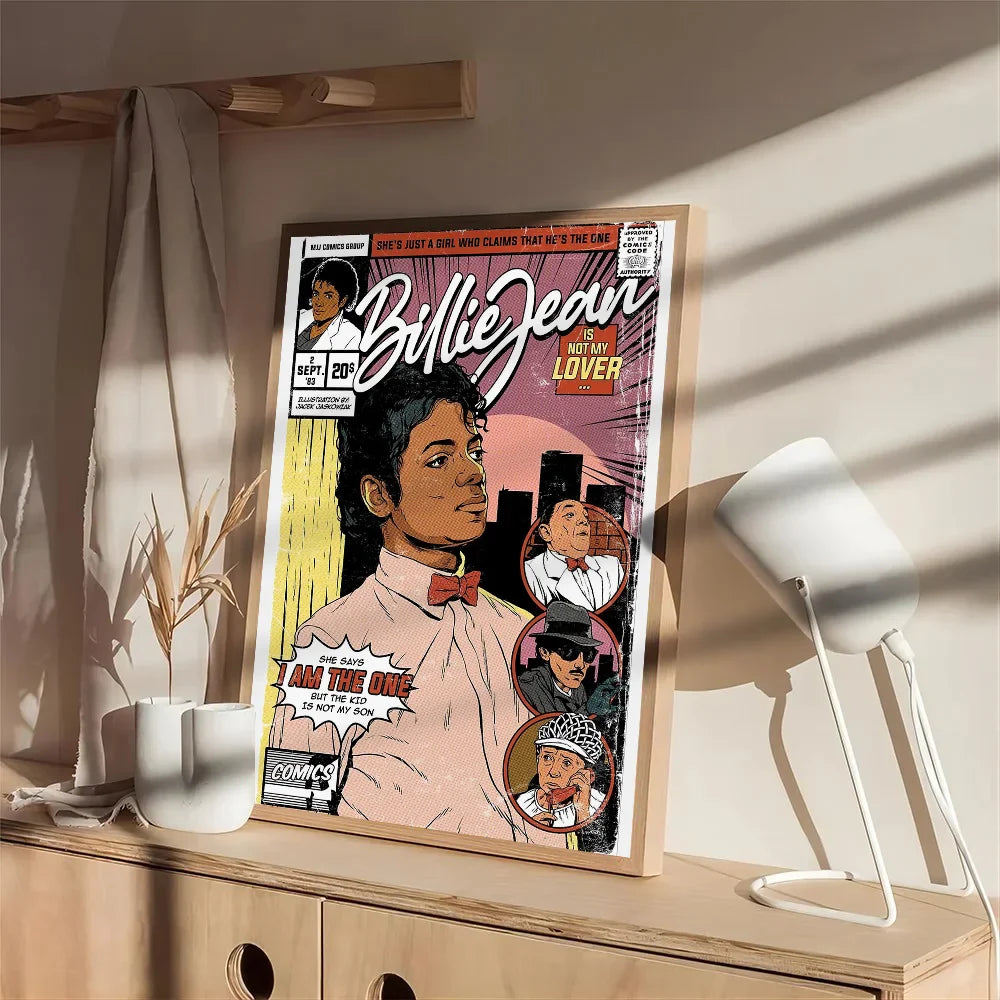 A framed comic book poster of michael jackson in vintage bold colors on self-adhesive waterproof paper for wall decor