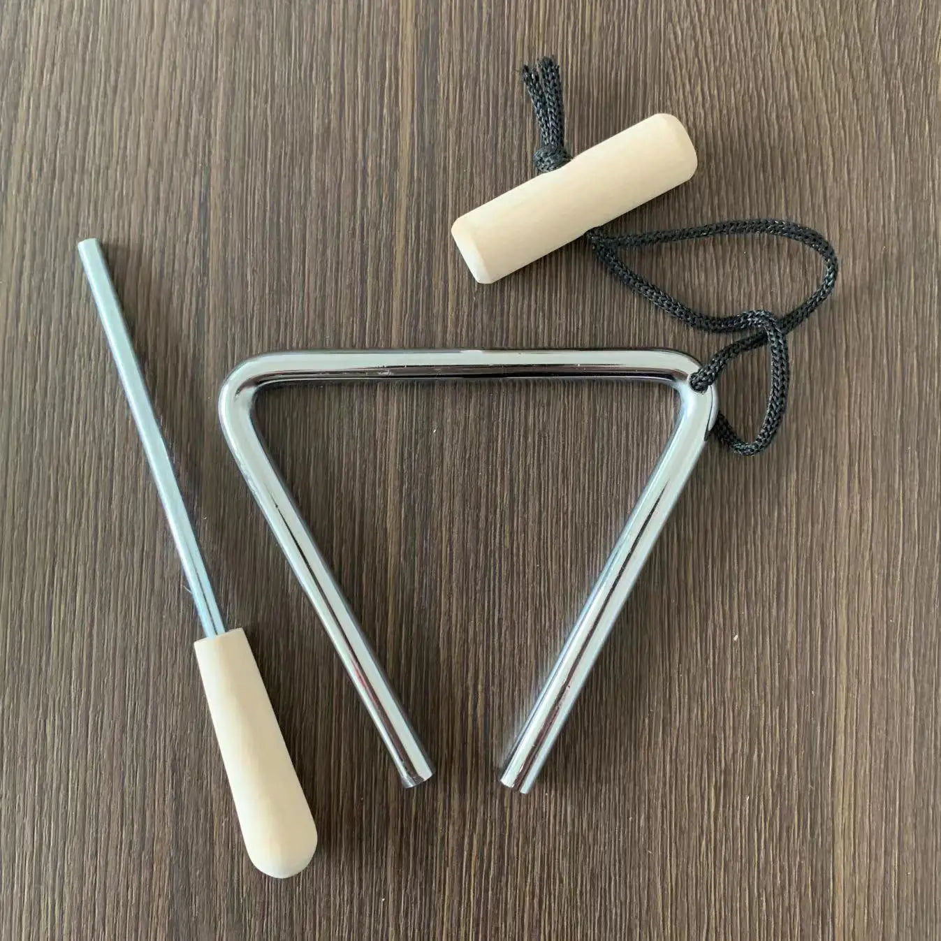 1pc professional triangle instrument set with shiny chrome triangle, wooden handles, and black cord for percussion use