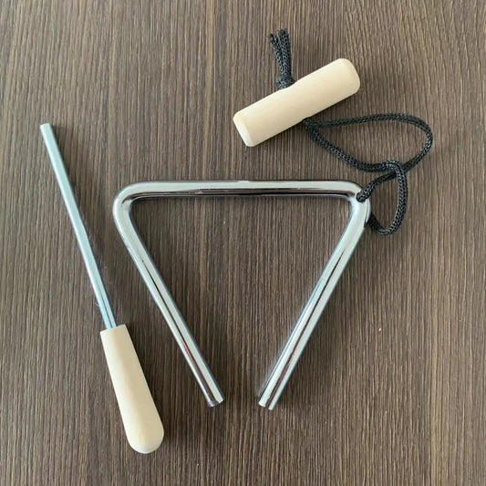 1pc professional triangle instrument set with shiny chrome triangle, wooden handles, and black cord for percussion use