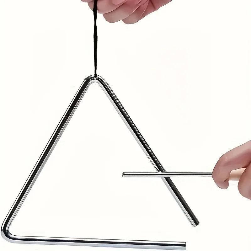 Shiny chrome 1pc professional triangle instrument set with matching metal mallet hanging by black cord for fun percussion musical use