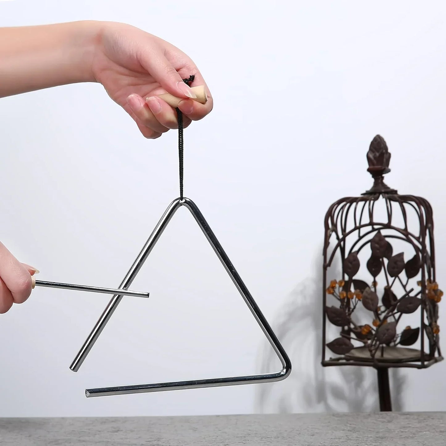 1pc professional triangle percussion musical tool with shiny metallic triangle and wooden handle for music performance