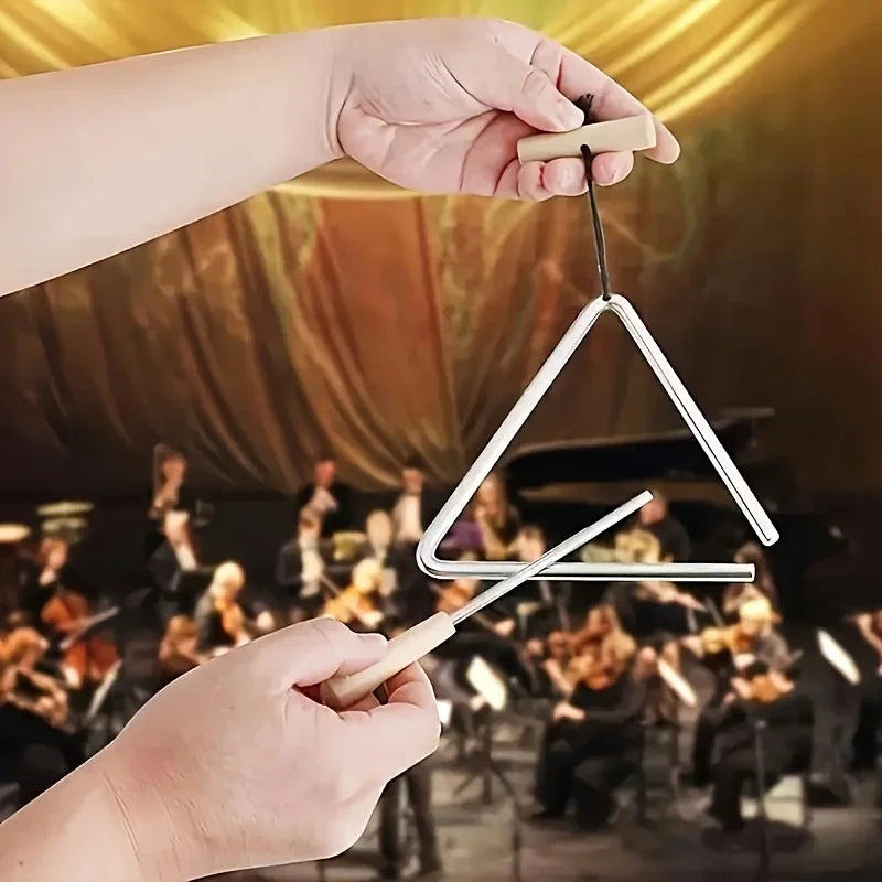 A silver 1pc professional triangle instrument set with wooden-handled mallets suspended by a black cord for percussion musical tool use