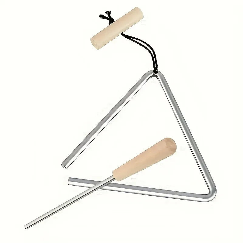 Silver triangle percussion musical tool with wooden-handled mallets and black cord in 1pc professional triangle instrument set fun
