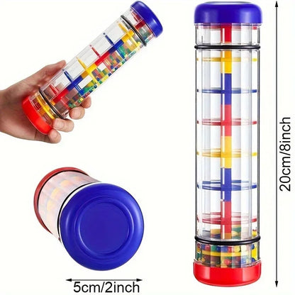 Colorful plastic rainmaker musical toy with red blue and yellow segments for toy montessori sensory educational use