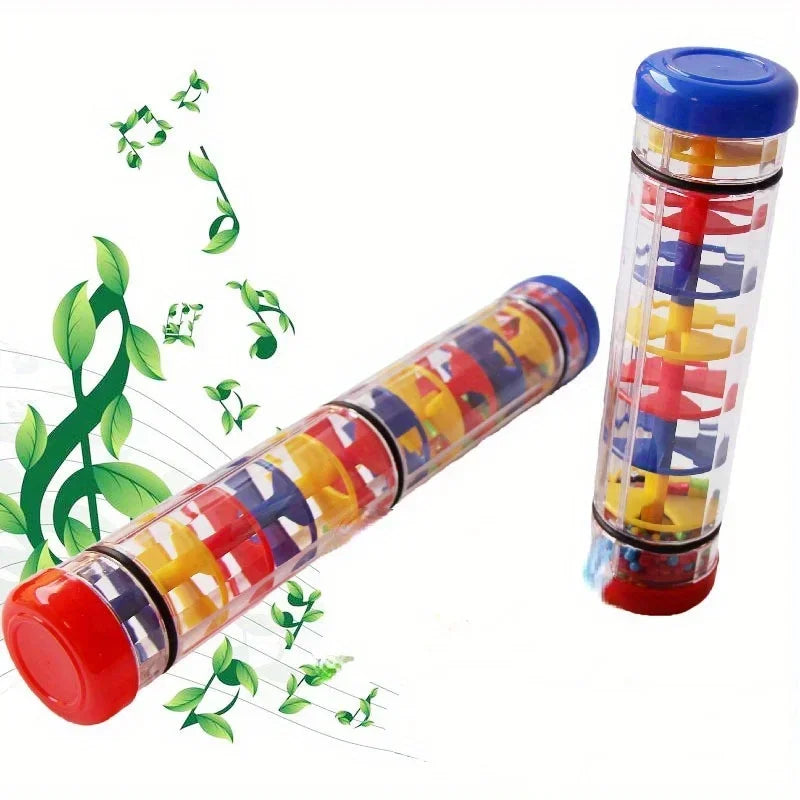 Colorful plastic rainmaker musical toy with red, yellow, and blue spirals for toy montessori sensory development