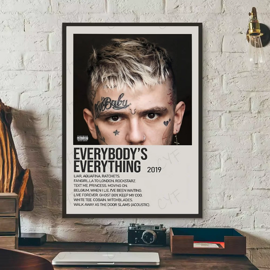 Black-framed modern graphic lil peep poster with platinum hair and tattoos for living room vintage wall decor gift