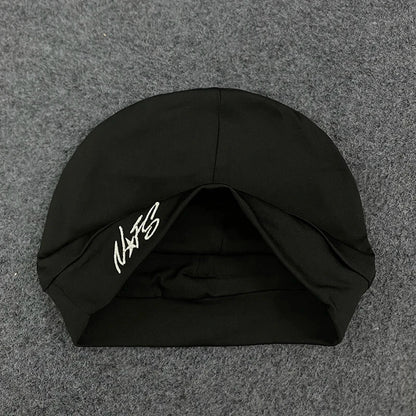 Black swim cap featuring white embroidered signature letter embroidery pullover hat trendy for casual streetwear