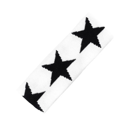 White knitted wide headband with three bold black star patterns 1pc star-shaped knitted trendy hip-hop sports accessory