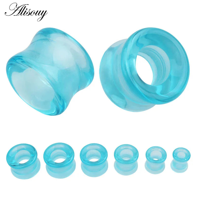 Clear blue acrylic stone glass ear gauges in mixed style hollow single flared design with various sizes for ear stretching