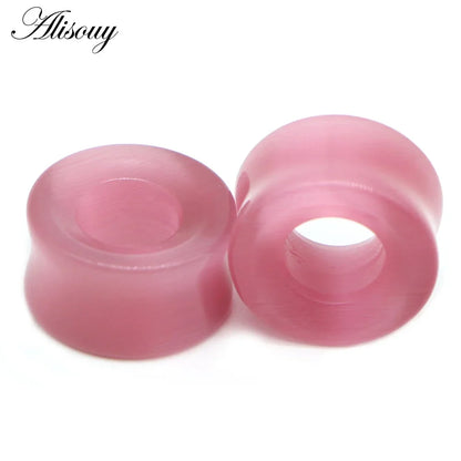 Pink translucent stone glass ear plug with mixed style hollow single flared design for ear stretching gauging
