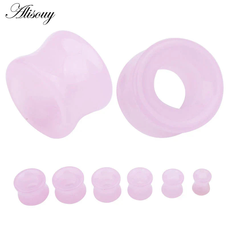Pink rose quartz stone glass ear gauges from alisouy featuring mixed style hollow single flared design in various sizes