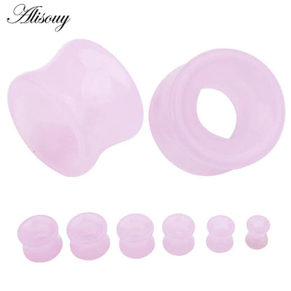Pink rose quartz stone glass ear gauges from alisouy featuring mixed style hollow single flared design in various sizes