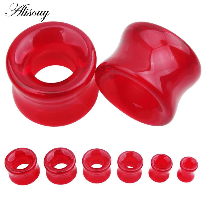 Vibrant red glossy stone glass ear plugs in mixed style hollow single flared design for body piercing use