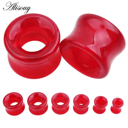 Vibrant red glossy stone glass ear plugs in mixed style hollow single flared design for body piercing use