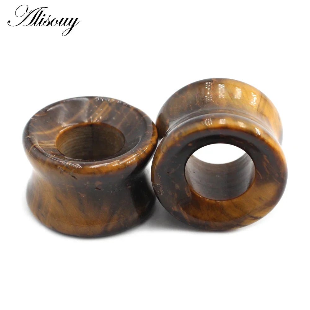 Brown tiger eye stone glass ear plugs with polished natural finish featuring mixed style hollow single flared design