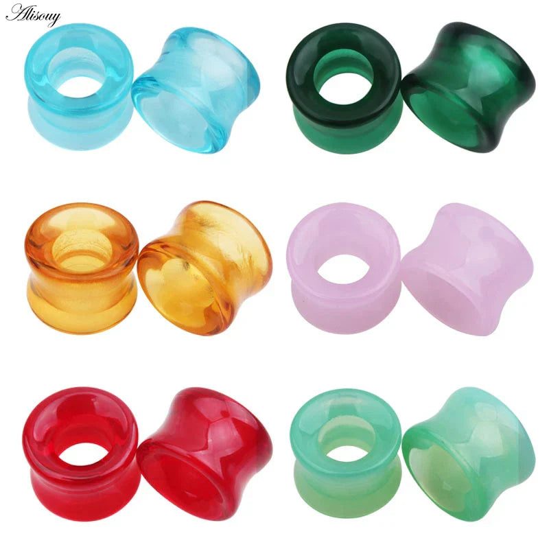 Colorful translucent stone glass ear gauges in mixed style hollow single flared design for ear stretching