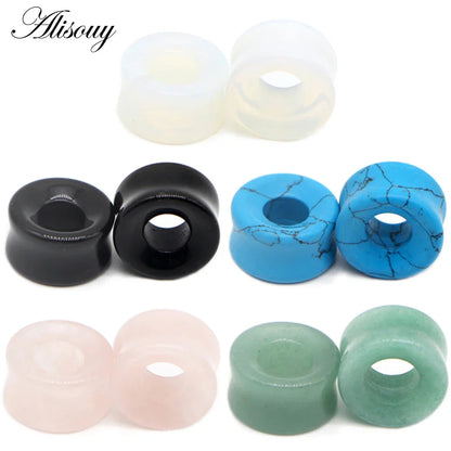 Set of six colorful stone glass ear tunnel plugs featuring mixed style hollow single flared design for ear stretching