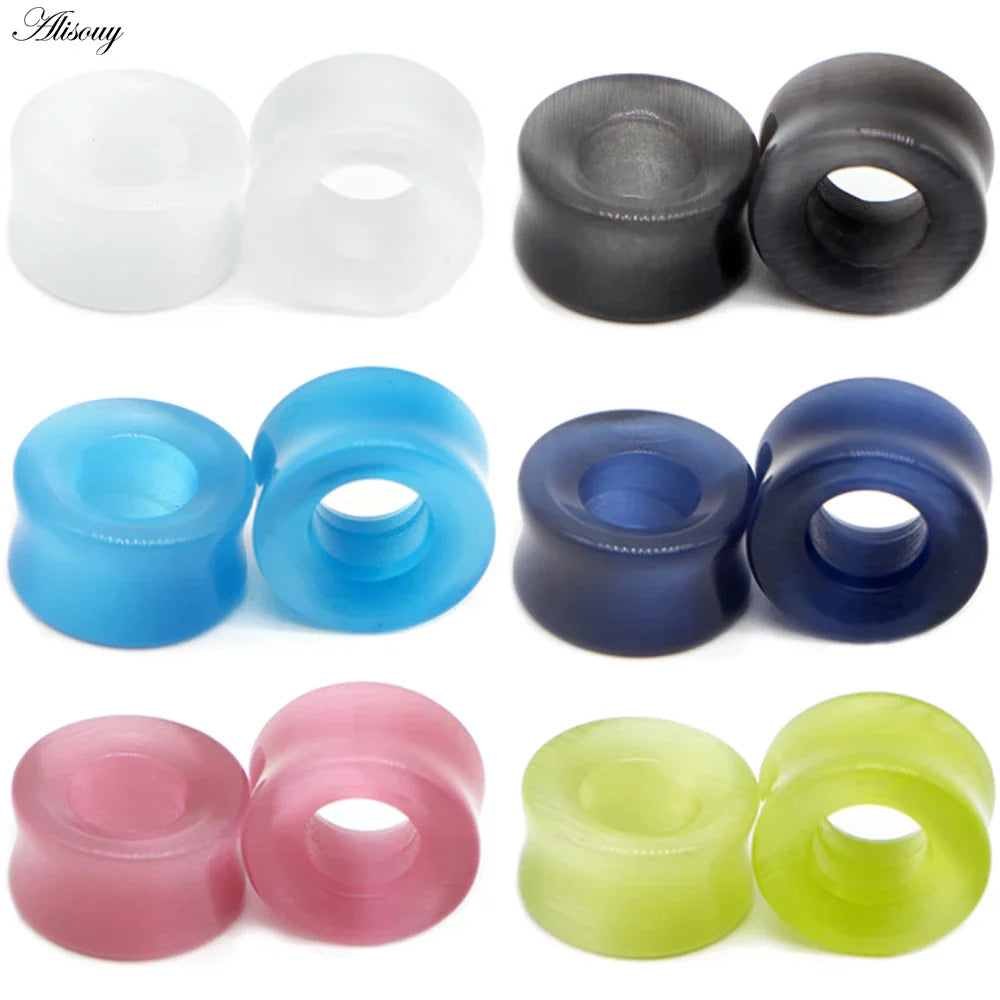 Set of six colorful translucent silicone ear plugs in mixed style hollow single flared design for stone glass ear piercing