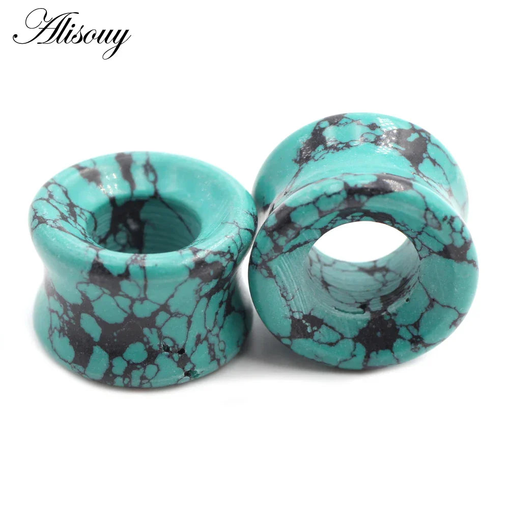 Turquoise and black marbled resin stone glass ear plug with smooth glossy finish hollow single flared design