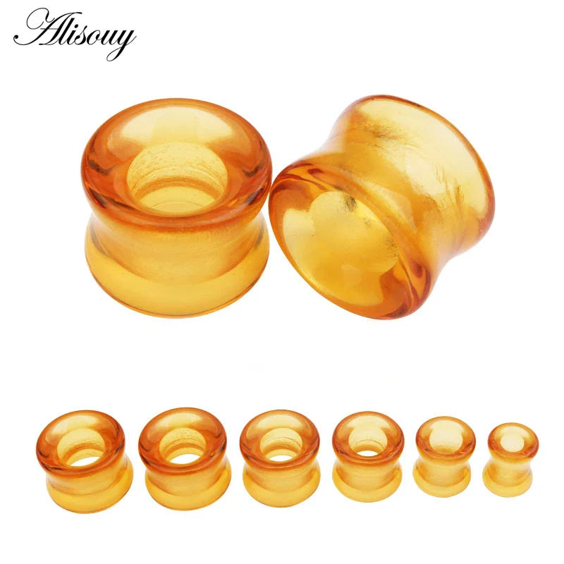 Amber-colored translucent silicone stone glass ear gauges by alisouy in mixed style hollow single flared design