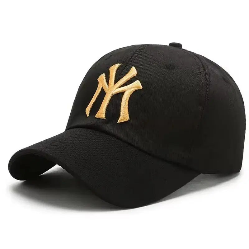 Black unisex casual baseball cap with gold embroidered ny logo outdoor adjustable trucker caps letter embroidery