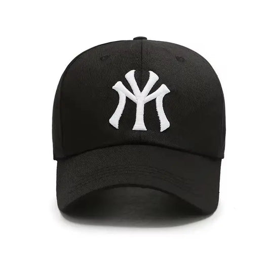 Black unisex casual baseball cap with white caps letter embroidery and outdoor adjustable trucker design