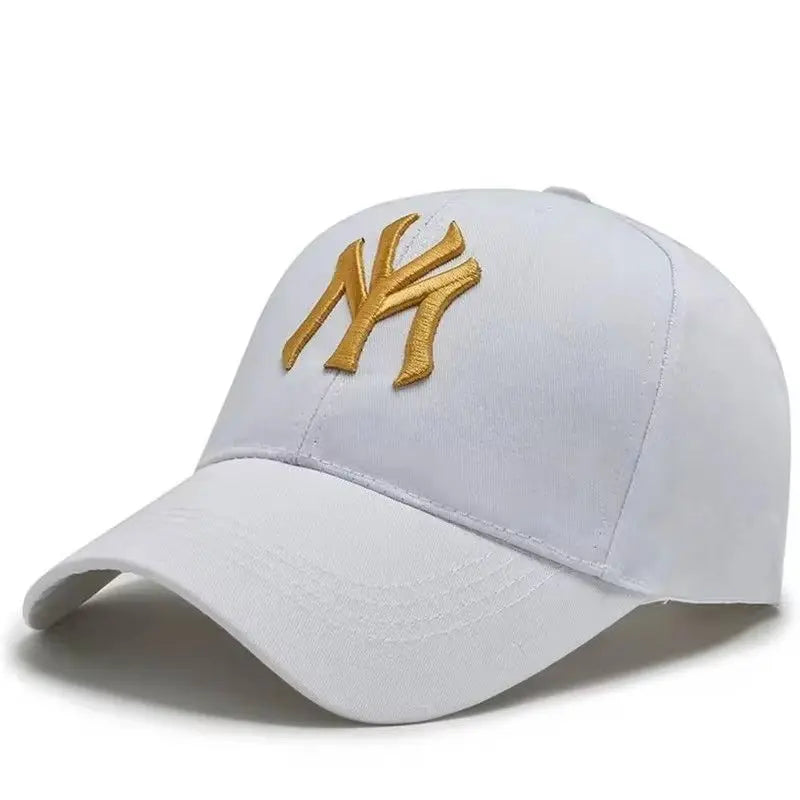 White unisex casual baseball cap with gold embroidered ny letter, outdoor adjustable trucker hat for spring and autumn