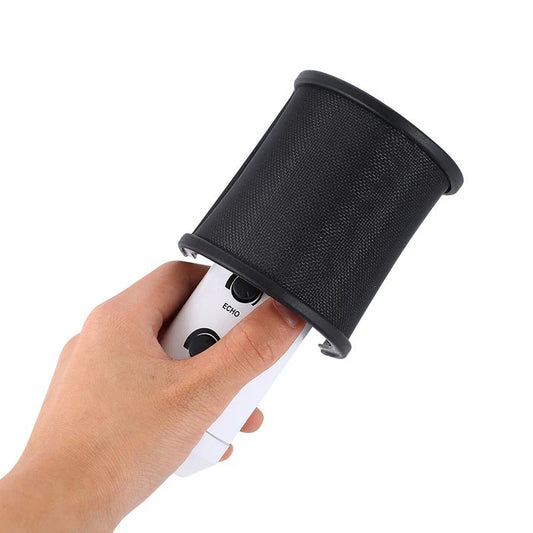 Black mesh universal microphone pop filter windscreen for white handheld condenser microphone with echo branding