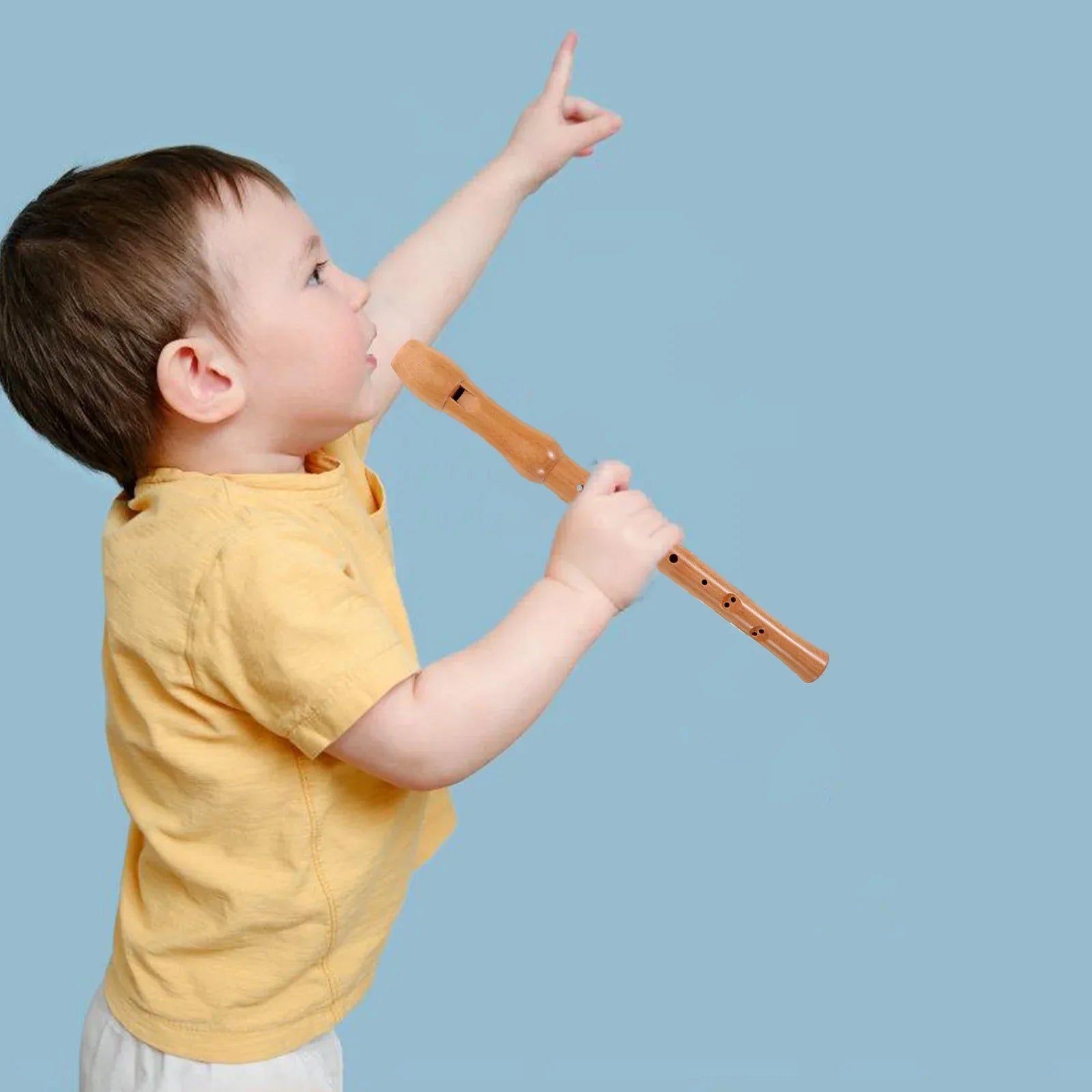 A light brown wooden soprano flute recorder instrument with black finger holes, beginner friendly musical and sound durable woodwind