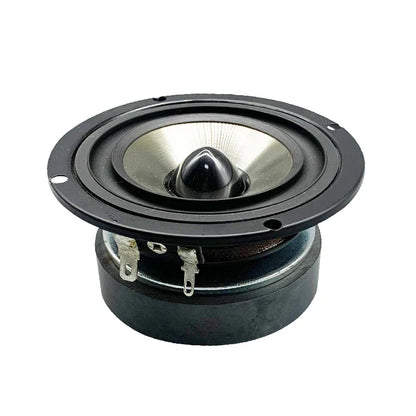 Black and silver 3 inch mid-range speaker unit with conical cone and metal voice coil for home theater loudspeaker bookshelf system
