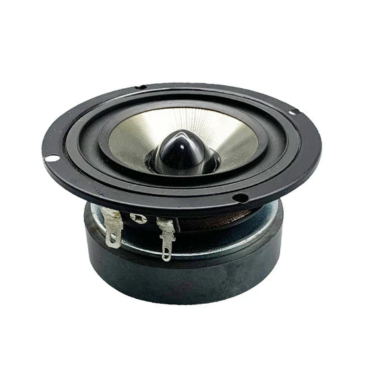 Black and silver 3 inch mid-range speaker unit with conical cone and metal voice coil for home theater loudspeaker bookshelf system