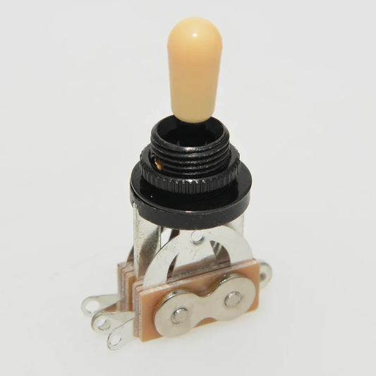 Beige 3 way toggle switch with black threaded base and metallic parts for guitar pickup selector tip cap electric use