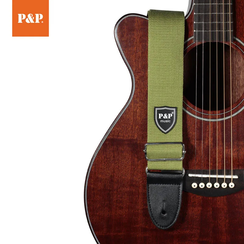 Olive green canvas adjustable width 5cm guitar strap with black leather ends and p&p music logo for acoustic bass electric guitars