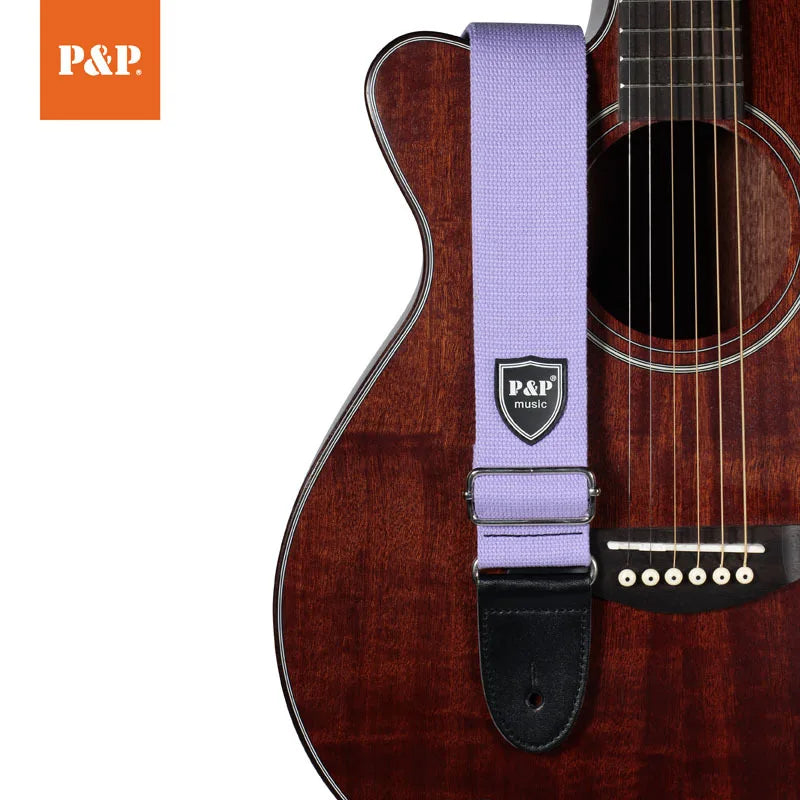 Purple woven fabric acoustic bass electric guitar strap with adjustable width 5cm and black leather end pieces