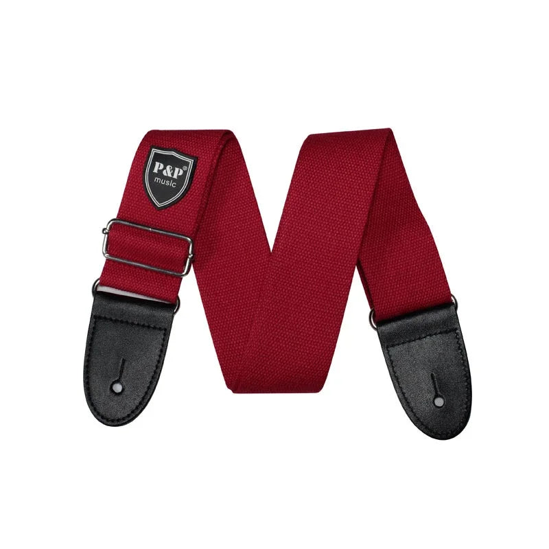 Red woven guitar strap with adjustable width 5cm black leather ends silver buckle and p&p music logo for acoustic bass electric use