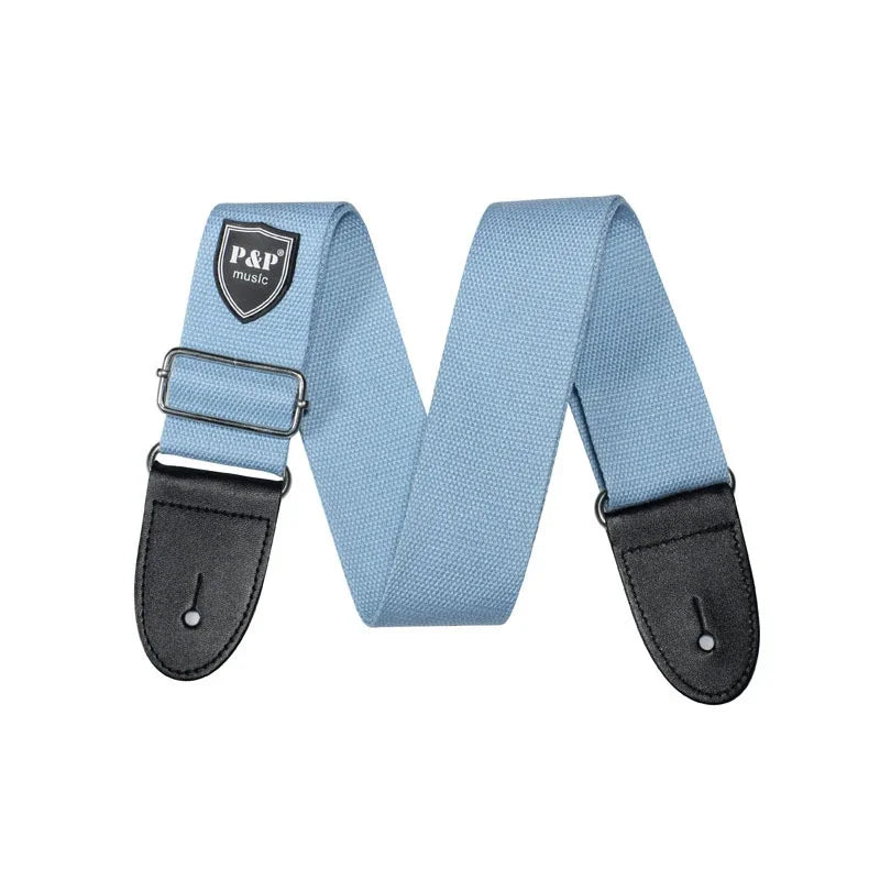 Light blue woven acoustic bass electric guitar strap parts with adjustable width 5cm and black leather ends
