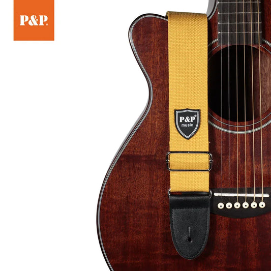 Yellow canvas guitar strap with black leather ends and p&p music logo patch adjustable width 5cm for acoustic bass electric use