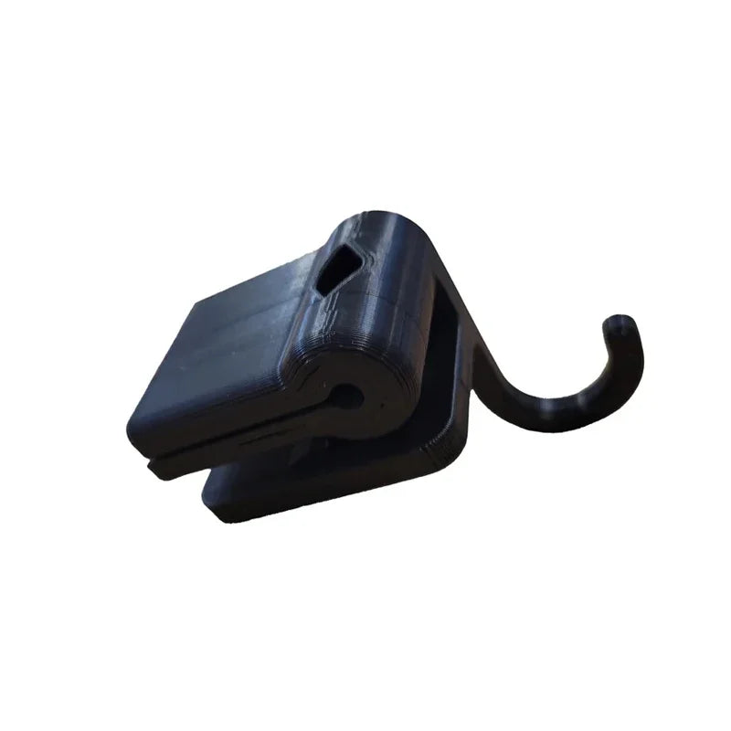 Black plastic folding bow hook organizer with curved loop and flat base for violin viola cello players