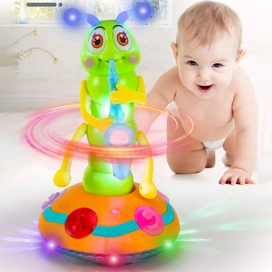 A bright green and yellow childrens electric caterpillar saxophone toy with glowing blue LED lights on an orange base