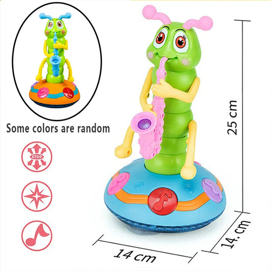 Green plastic children’s electric caterpillar saxophone toy with pink antennae and yellow limbs on blue base